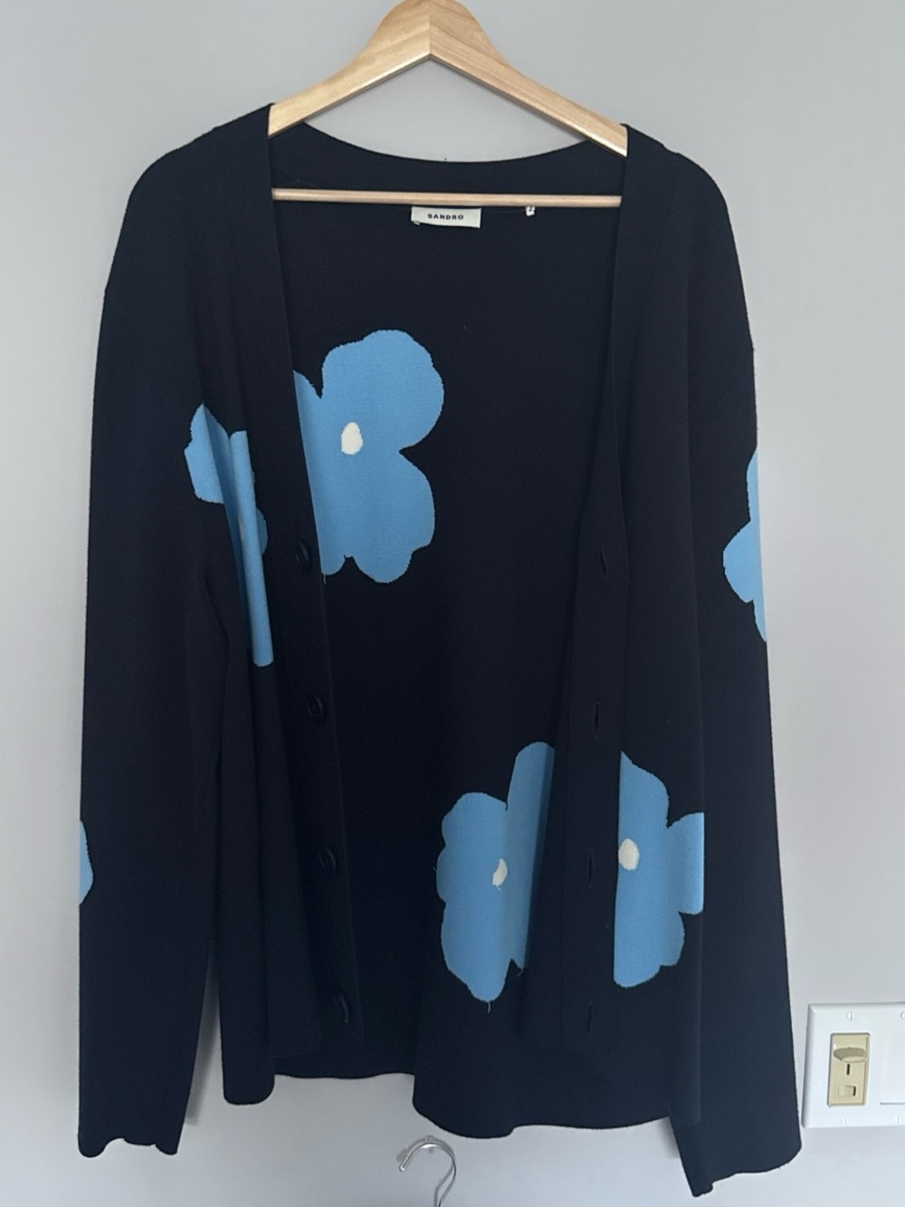 Sandro Black Cardigan with Light Blue Floral Accents